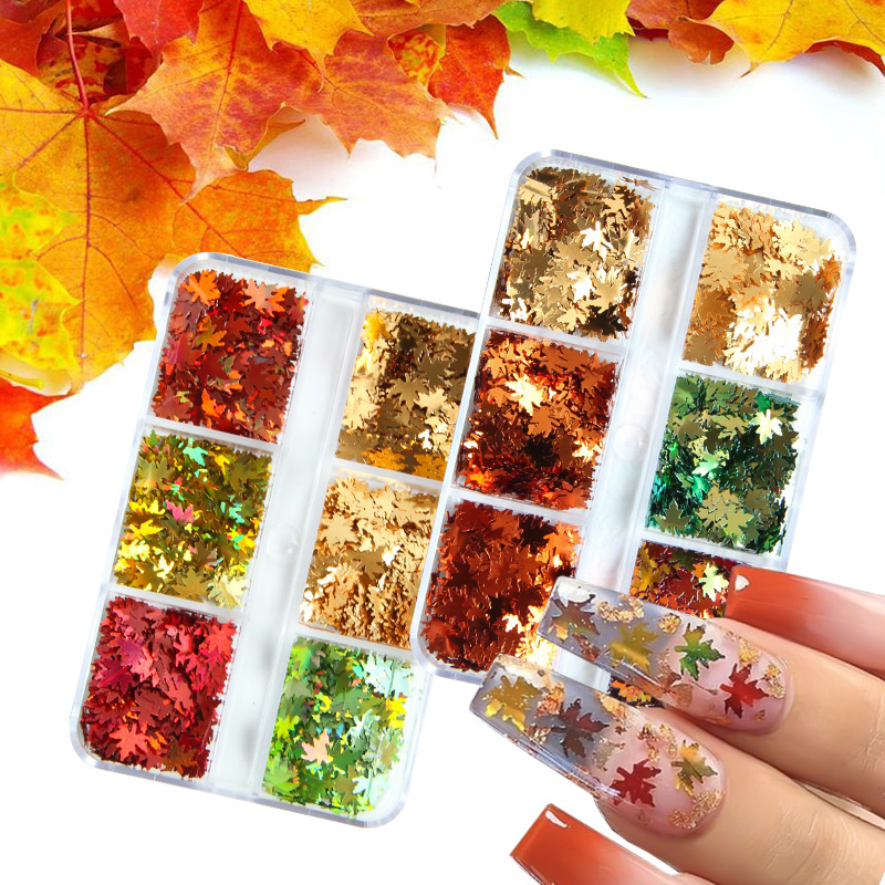 Hot Sale 6grids Fall Winter Nail Art Decoration Metal Decals Maple Leaves Sliders DIY Nail Art Decorations