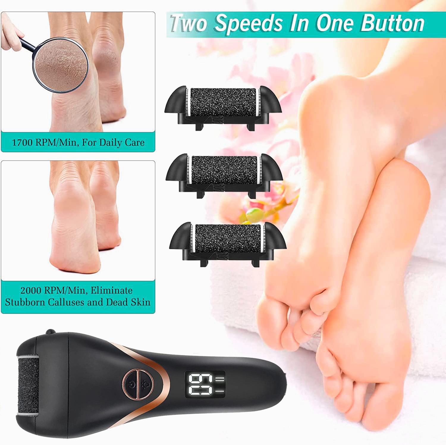 3 Roller Waterproof Professional Foot File Pedicure Kit Tool Electric Feet Cracked Heels Dead Skin Scrubber Calluses Remover