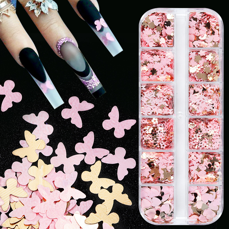 New Fashion Style Pink Butterfly Flowers Bow Nail Art Charms Parts Kit Gold Glitter Sequins Rabbit Love Hearts Nail Art Stickers