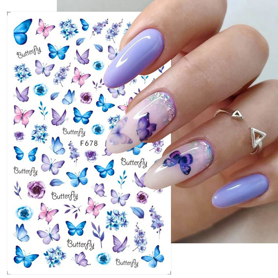 Hot Selling Butterfly Flower DIY 3d Nail Decals Ultra-thin Adhesive Blue Decals Spring Theme Nail Stickers