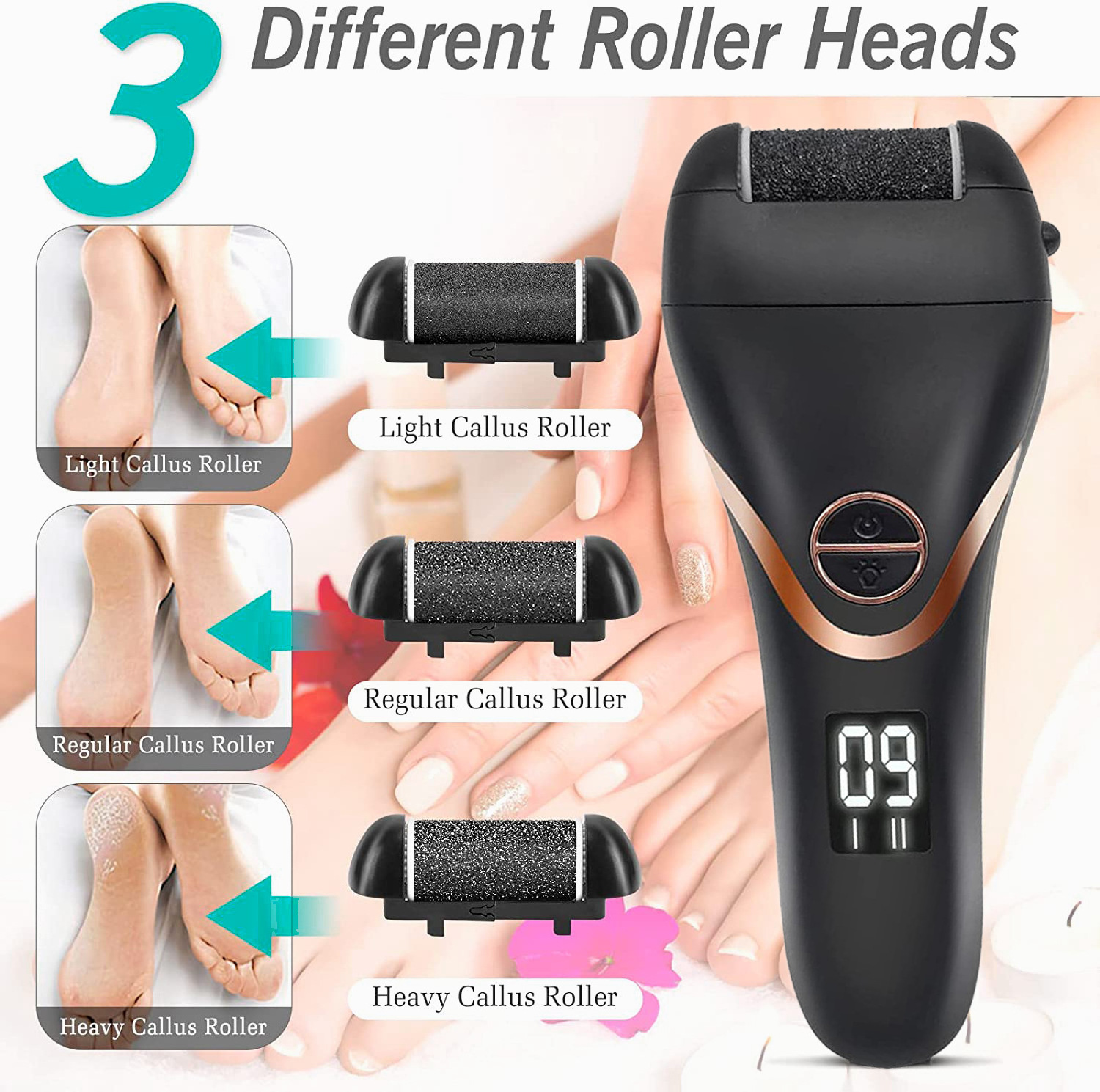 3 Roller Waterproof Professional Foot File Pedicure Kit Tool Electric Feet Cracked Heels Dead Skin Scrubber Calluses Remover