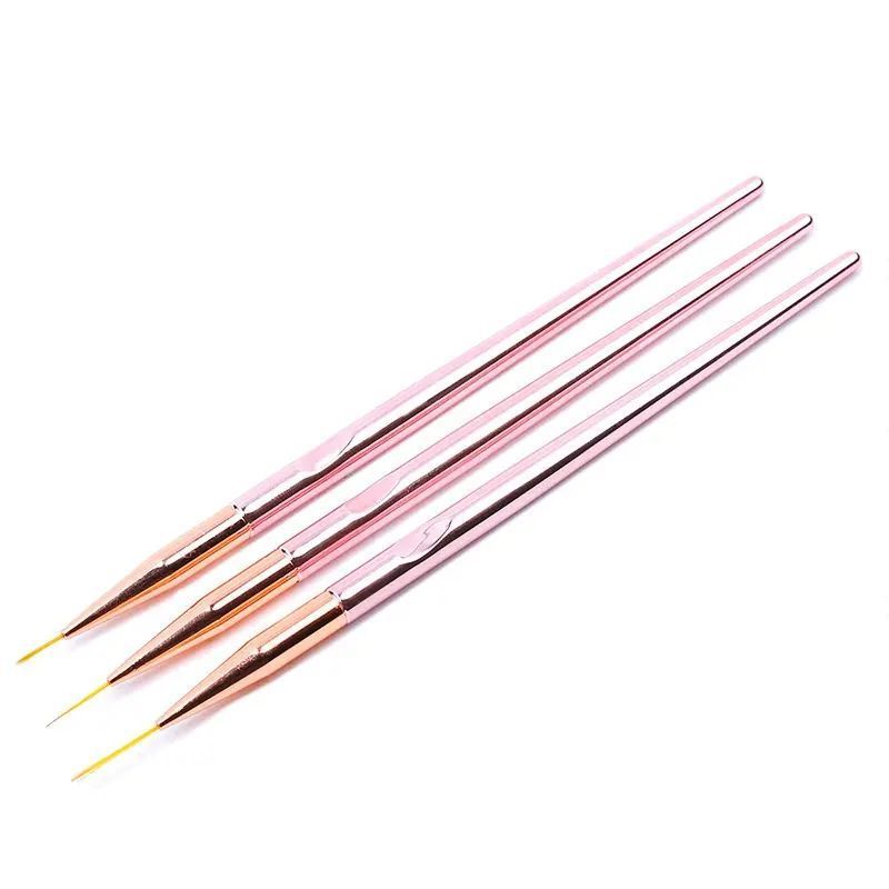 3pcs Set Nail Liner Brushes Rose Gold Nail Art Line Painting Brushes Metal Handle Gel Acrylic Liner Nail Art Brush Set