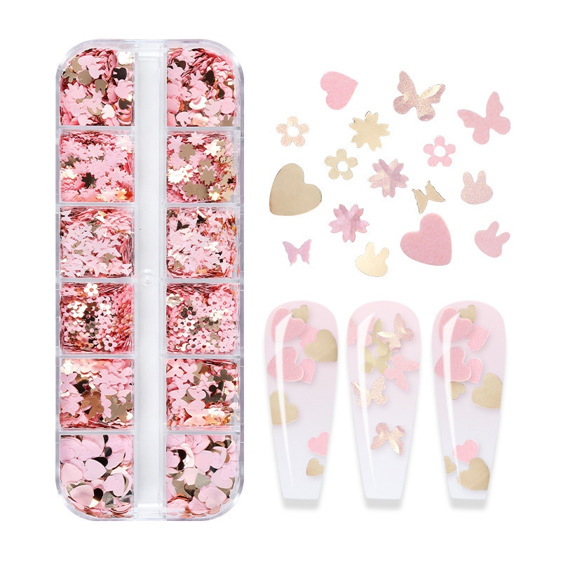 New Fashion Style Pink Butterfly Flowers Bow Nail Art Charms Parts Kit Gold Glitter Sequins Rabbit Love Hearts Nail Art Stickers