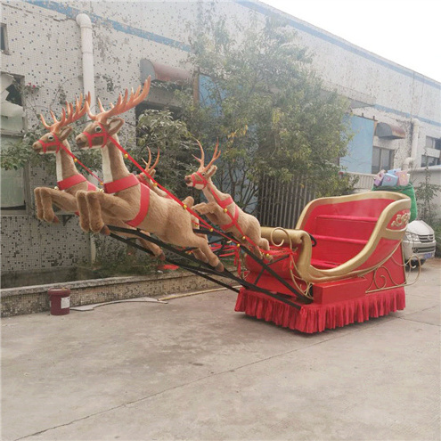 Reindeer and sleigh with wheels fiberglass sculpture for xmas commercial christmas decoration