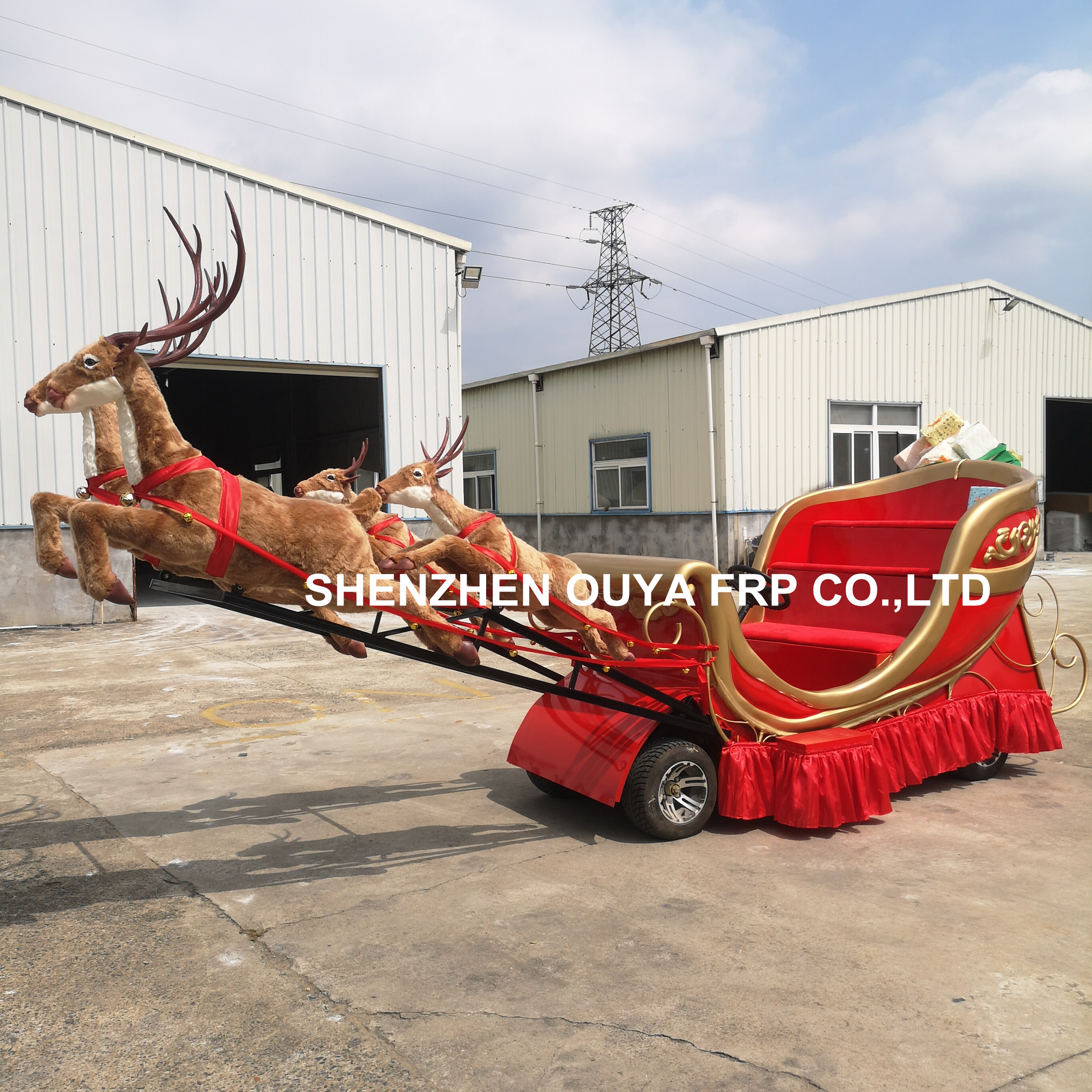 Outdoor purely hand made life size fiberglass reindeer Christmas sleigh with wheel