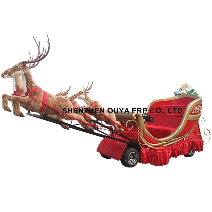 Outdoor purely hand made life size fiberglass reindeer Christmas sleigh with wheel