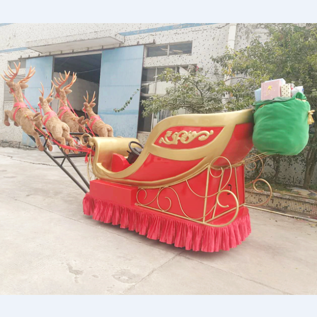 Reindeer and sleigh with wheels fiberglass sculpture for xmas commercial christmas decoration