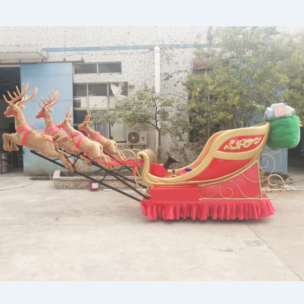 Reindeer and sleigh with wheels fiberglass sculpture for xmas commercial christmas decoration