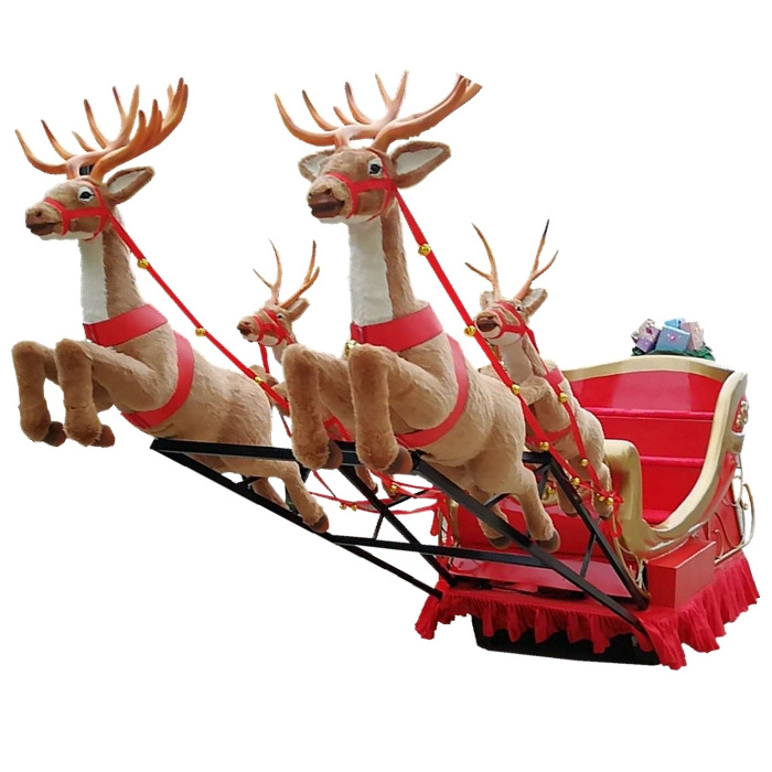 Reindeer and sleigh with wheels fiberglass sculpture for xmas commercial christmas decoration