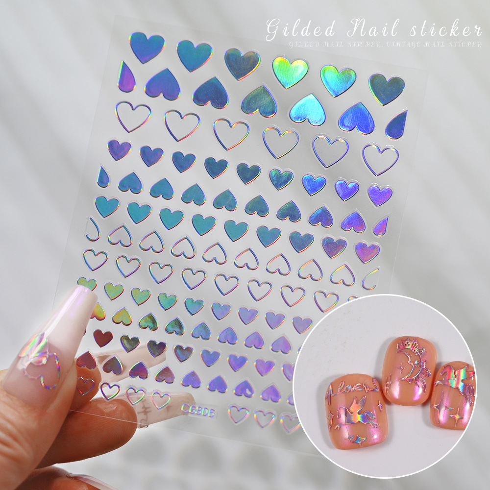 2024 new trend laser bling heart nail art accessories gilded aurora nail art sticker