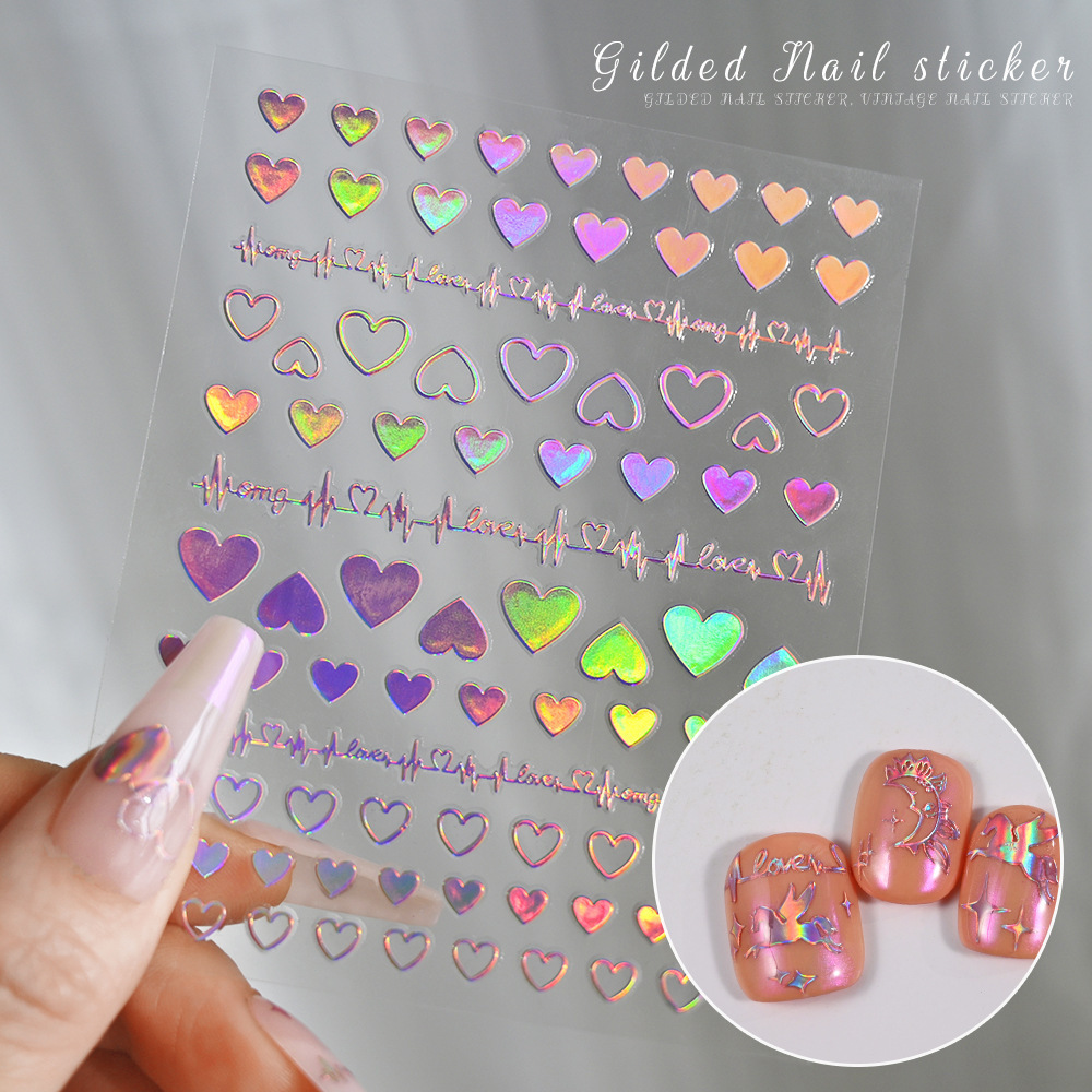 2024 new trend laser bling heart nail art accessories gilded aurora nail art sticker