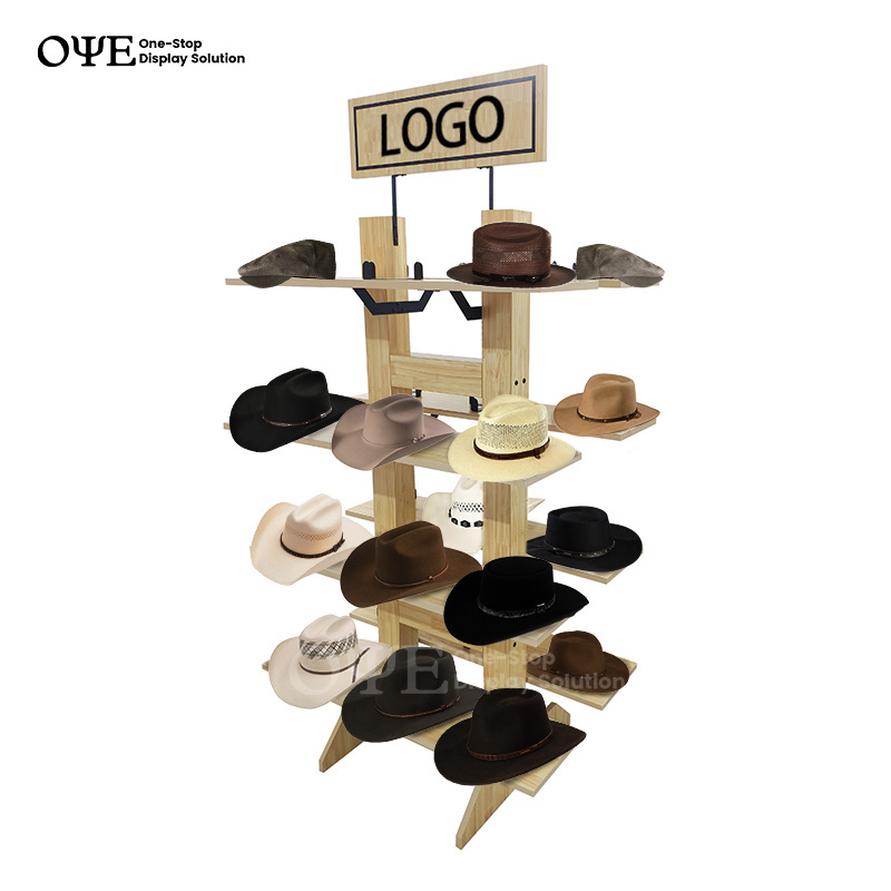 Floor Standing Wood Material Shelf Stand Hat Display Rack For Retail Store Hat Display Racks