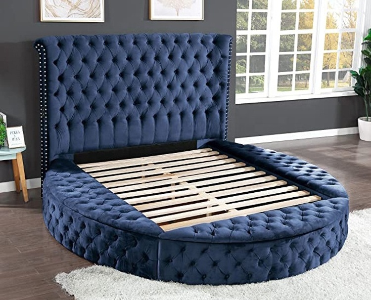 2024 New Modern Luxury Indoor Furniture Comfortable Soft  Bedroom Upholstered King Size Bed Round Tufted Navy Velvet Storage Bed