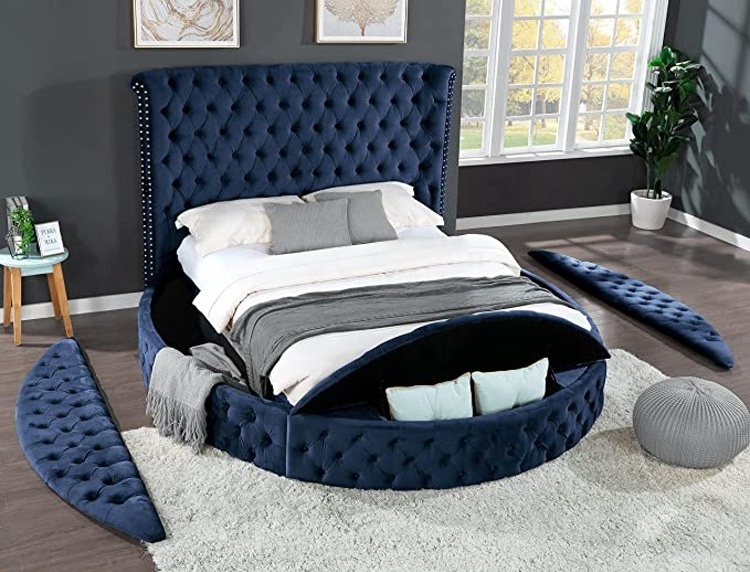 2024 New Modern Luxury Indoor Furniture Comfortable Soft  Bedroom Upholstered King Size Bed Round Tufted Navy Velvet Storage Bed