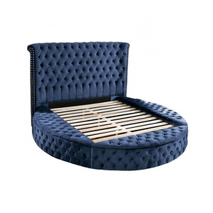 2024 New Modern Luxury Indoor Furniture Comfortable Soft  Bedroom Upholstered King Size Bed Round Tufted Navy Velvet Storage Bed