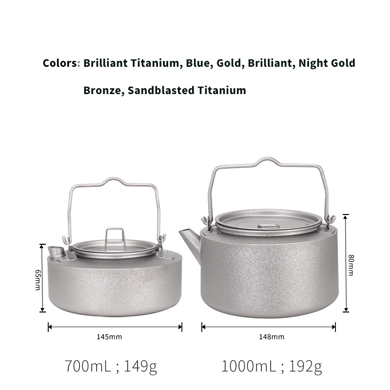 TiTo 700ml/1L Lightweight Outdoor Portable Camping Tea Kettle Rainbow Color Crystal Titanium Kettle Pot