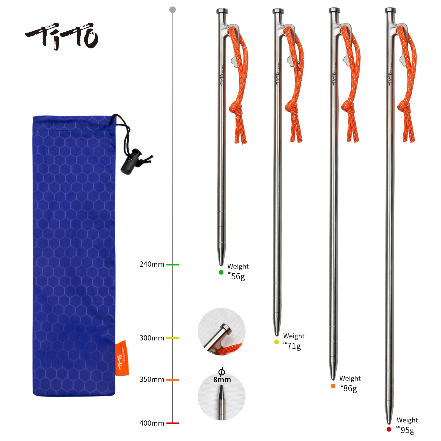 TiTo Outdoor Gear 8.0mm*35cm High Strength Titanium Alloy Camping Tent Pegs Stakes Nails for Hard Snow Floor