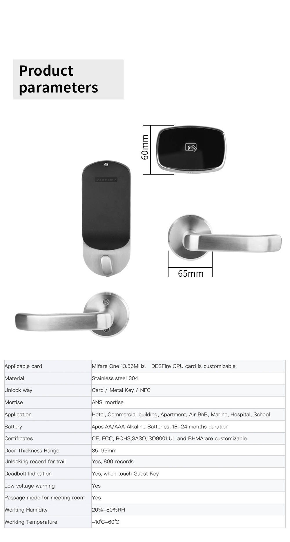 OYO NFC hotel card reader door lock Rf Key Card Handle Door Lock  Smart Rfid Hotel Lock  by wooden rfid card