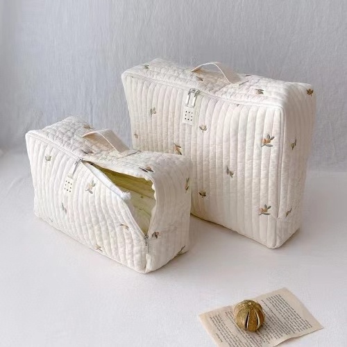 Korea INS New Zipper Embroidery Cotton Mummy Bag Baby Stroller Bag Portable Diaper Tote Bag