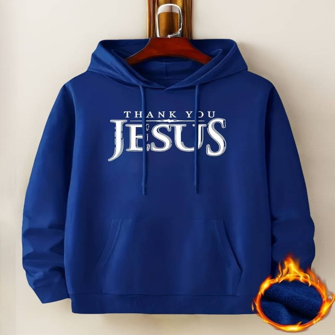 THANK YOU JESUS Print Kangaroo Pocket Hoodie, Casual Long Sleeve Hoodies Sweatshirt,  For Fall Winter FOR CHRISTIAN LIFE STYLE