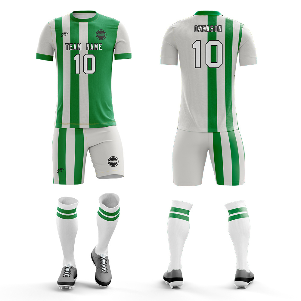 Online buy football jerseys uniform and shorts custom green and white bulk soccer jerseys