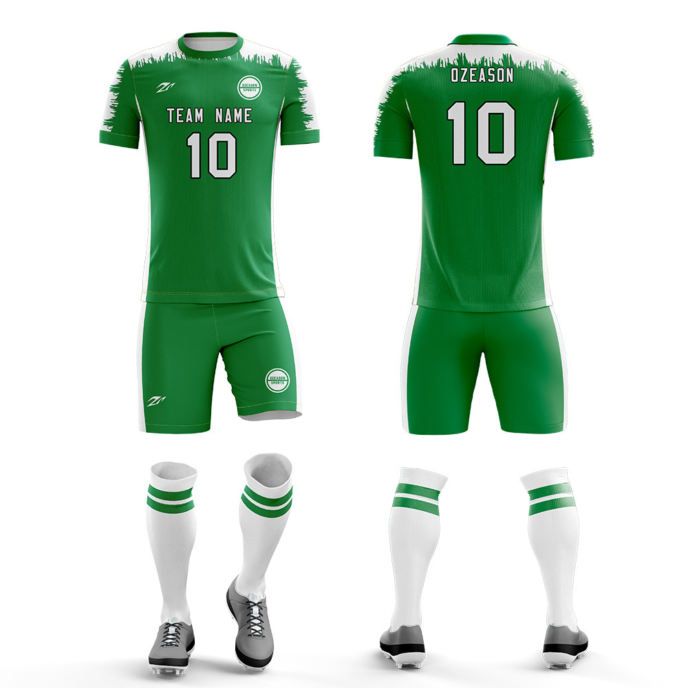 Online buy football jerseys uniform and shorts custom green and white bulk soccer jerseys