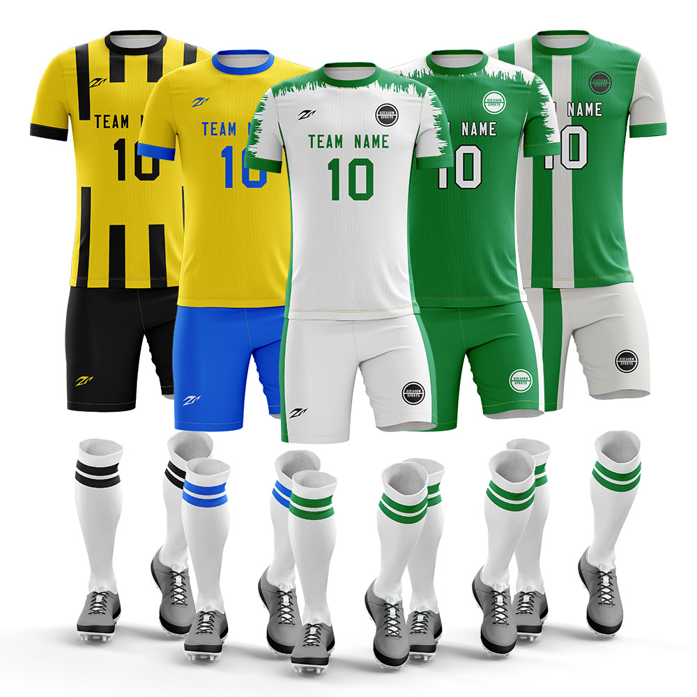 Online buy football jerseys uniform and shorts custom green and white bulk soccer jerseys