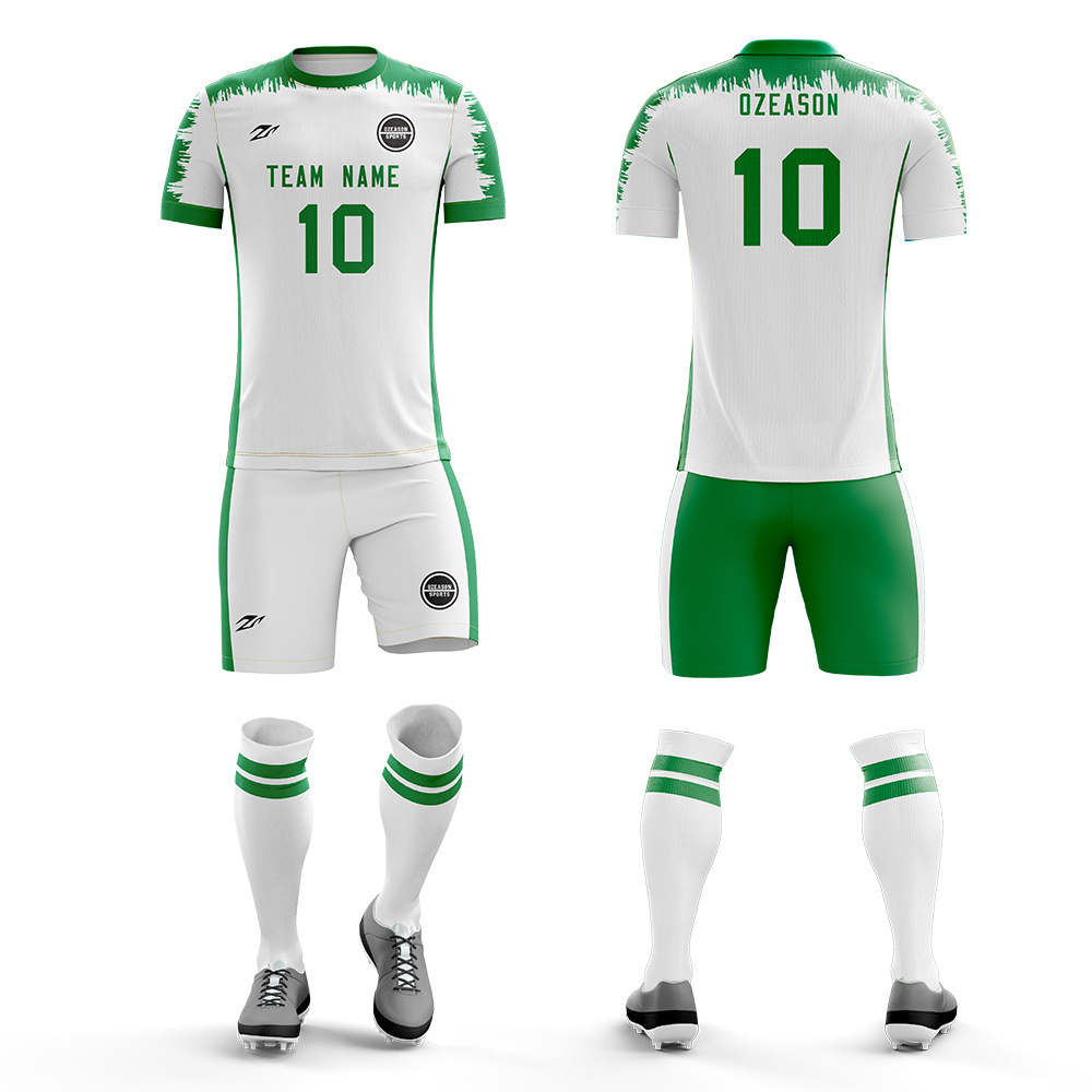 Online buy football jerseys uniform and shorts custom green and white bulk soccer jerseys