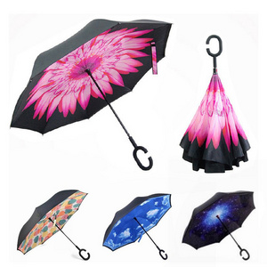 Custom Wholesale Colorful Double Layer Windproof Inside Out C Shape Handle Double Layer Innovative Inverted Umbrella