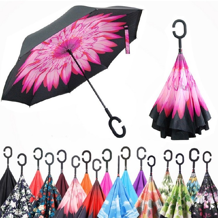 Custom Wholesale Colorful Double Layer Windproof Inside Out C Shape Handle Double Layer Innovative Inverted Umbrella