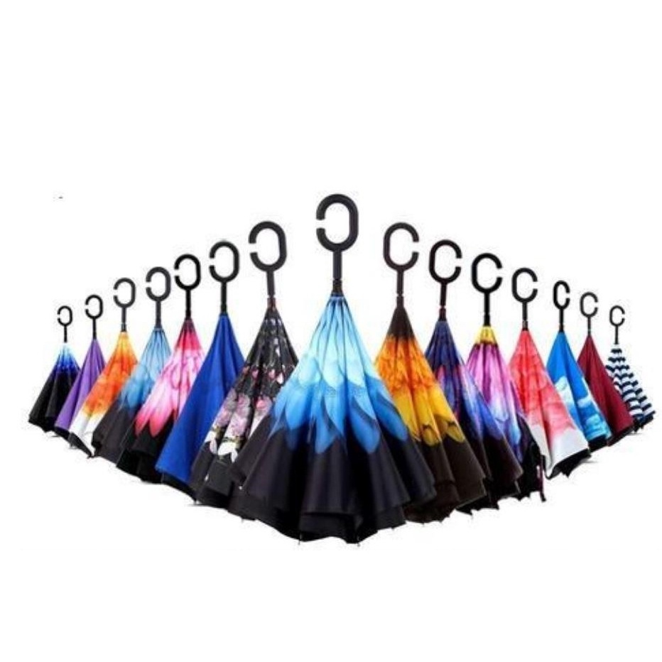 Custom Wholesale Colorful Double Layer Windproof Inside Out C Shape Handle Double Layer Innovative Inverted Umbrella