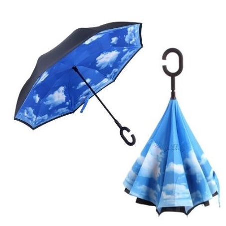 Custom Wholesale Colorful Double Layer Windproof Inside Out C Shape Handle Double Layer Innovative Inverted Umbrella