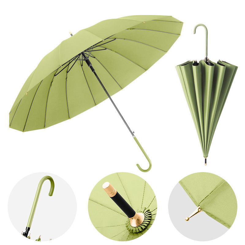 16 Bone small leather curved handle automatic long handle rain and Sun vinyl sunshade straight pole waterproof cover umbrella