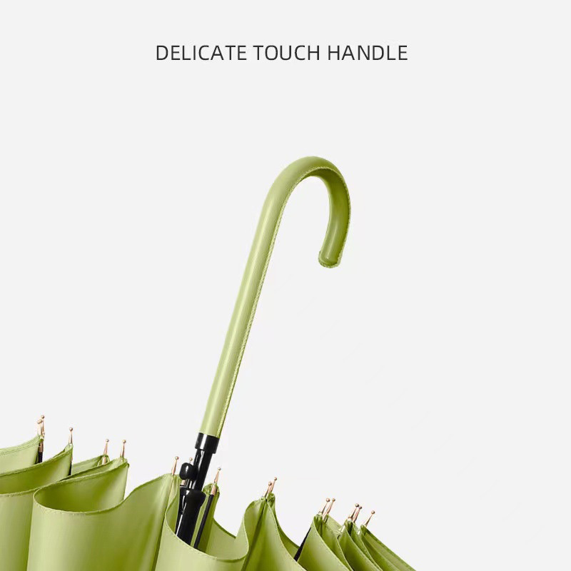 16 Bone small leather curved handle automatic long handle rain and Sun vinyl sunshade straight pole waterproof cover umbrella