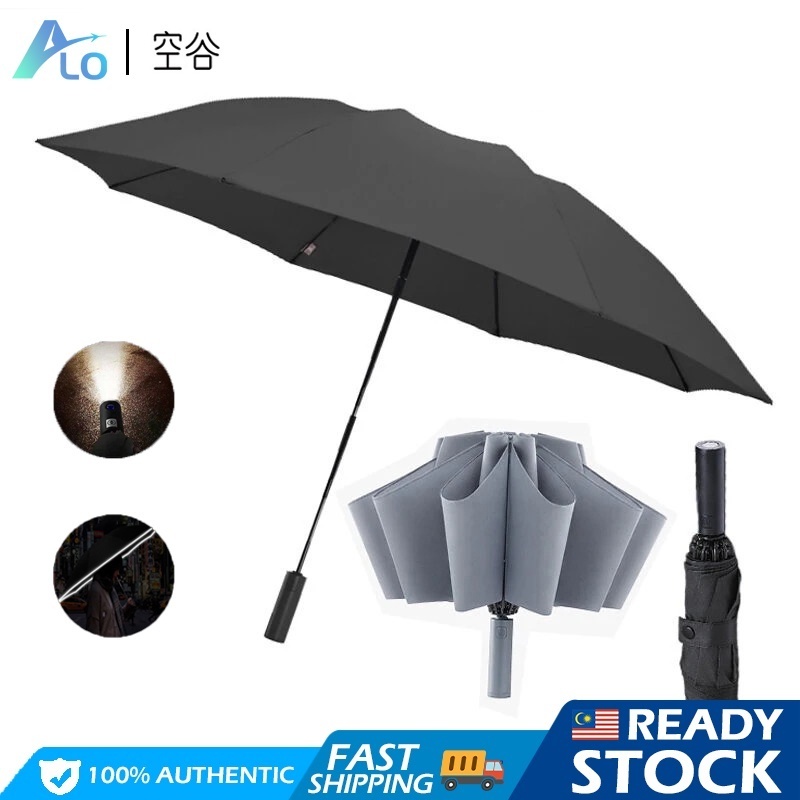 OUTDOORMORE Umbrella With LED Flashlight Premium Umbrella Ten-bone Full Three folding Umbrella Automatic