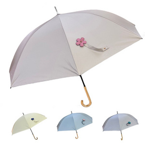 Custom logo Korean flower bud advanced sense straight umbrella long handle sunshade wooden curved handle rain umbrella