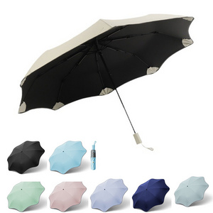 Amazon new umbrella rounded corner three folding umbrella creative reflective rain and sunshine umbrella with logo