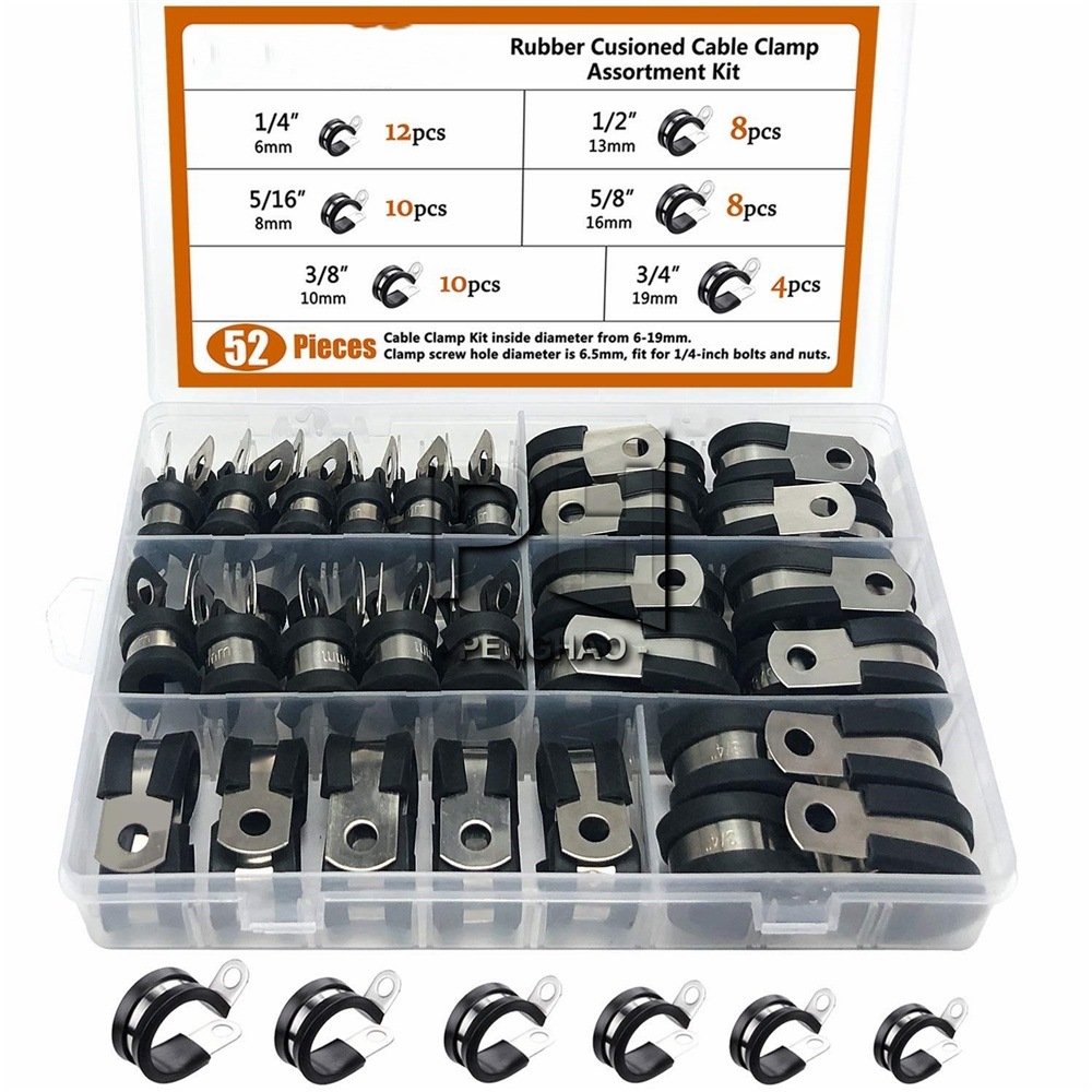 Cable Clamp, Rubber Cushion Insulated Clamp.Stainless Steel Metal Clamp (Assortment Kit 3)