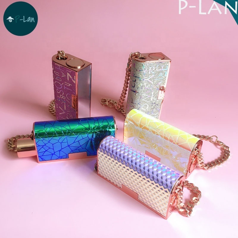 P-Lan Brand Low MOQ 100Pieces Bag Shaped 12.1mm Rose Gold Mini Luxury Lipstick Tubes Cases With Mirror And Chain