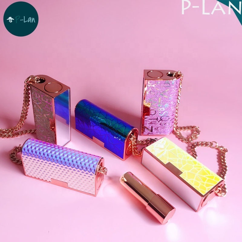 P-Lan Brand Low MOQ 100Pieces Bag Shaped 12.1mm Rose Gold Mini Luxury Lipstick Tubes Cases With Mirror And Chain