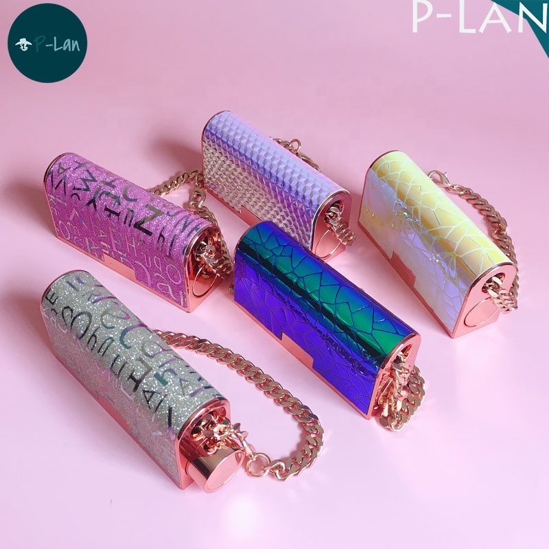 P-Lan Brand Low MOQ 100Pieces Bag Shaped 12.1mm Rose Gold Mini Luxury Lipstick Tubes Cases With Mirror And Chain