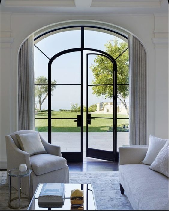 2024 New design arched shaped double glazed steel swing french security doors with grill design for commercial project