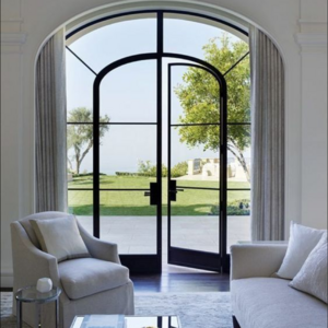 2024 New design arched shaped double glazed steel swing french security doors with grill design for commercial project