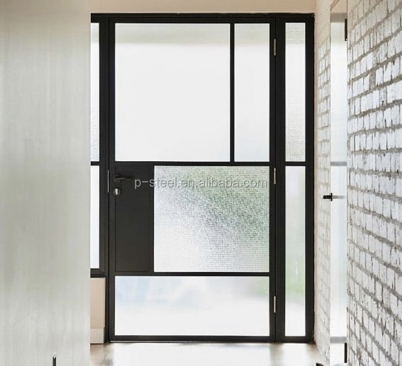 American Style Interior Black Steel Steel Frame Track Glass Sliding Bathroom French Barn Door