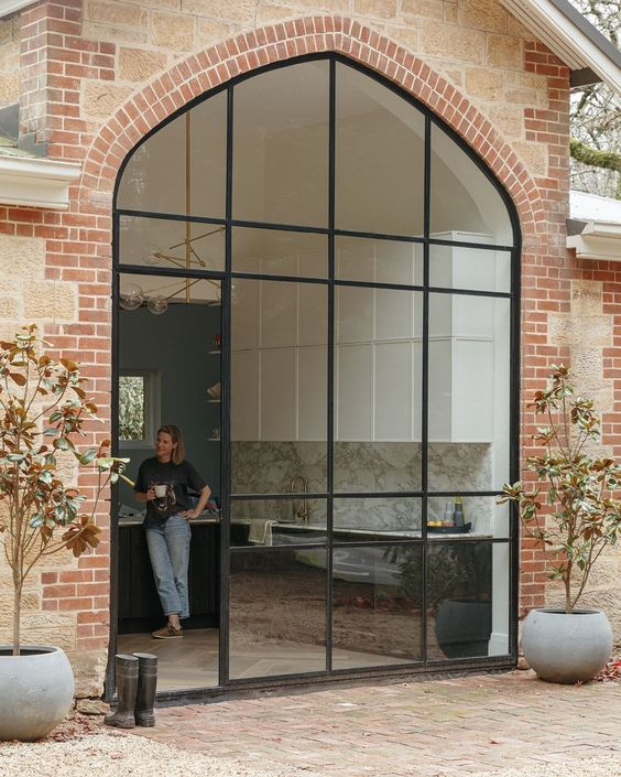 2024 New design arched shaped double glazed steel swing french security doors with grill design for commercial project