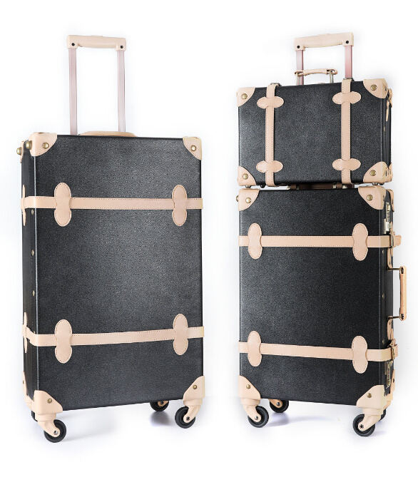 Wholesale Black PU Leather Women Unisex Hand-Made Trolley Luggage Suitcase