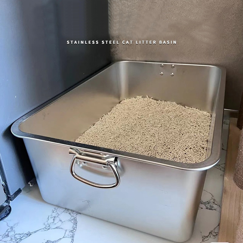 High Side Semi-Enclosed Nonstick Litter Pan Large Metal Litter Box Stainless Steel Cat Litter Box