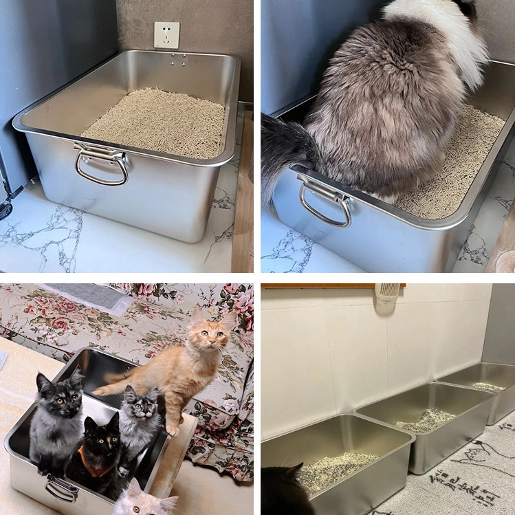 High Side Semi-Enclosed Nonstick Litter Pan Large Metal Litter Box Stainless Steel Cat Litter Box