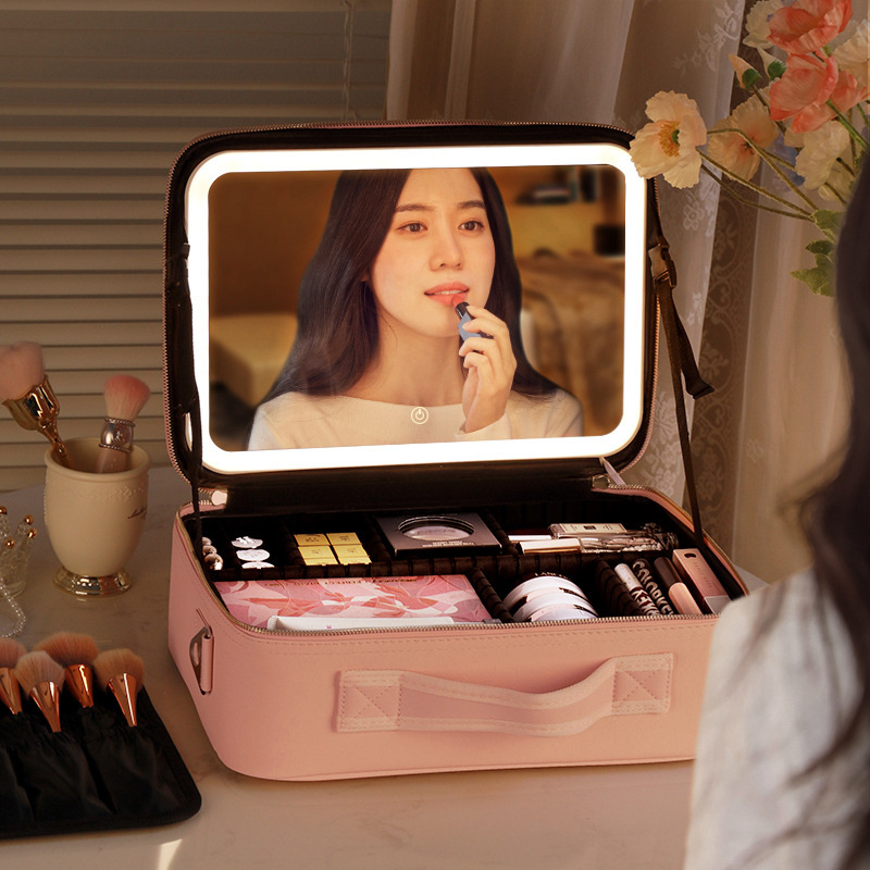 2023 Large Capacity PU Makeup Organizer Bag Travel Makeup Case with LED Light Mirror Zipper Closure and Logo Pattern