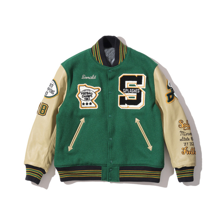 OEM Embroidery Patches Custom Men Letterman jacket Leather Sleeves green and Vegas gold letterman varsity Jacket